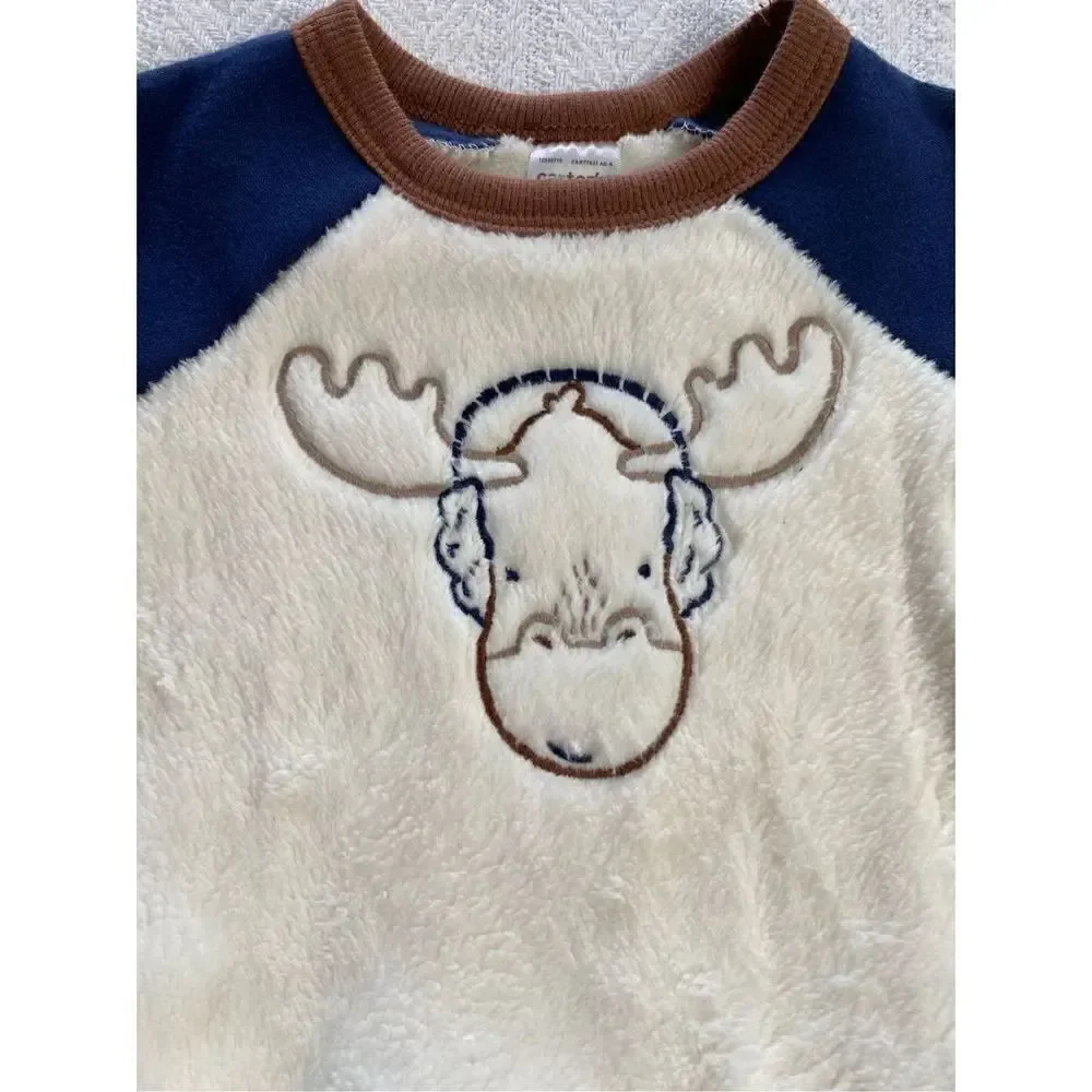 CARTER’S BABY BOY 6M Moose Fuzzy Pullover Sweatshirt & Jogger Pants Set